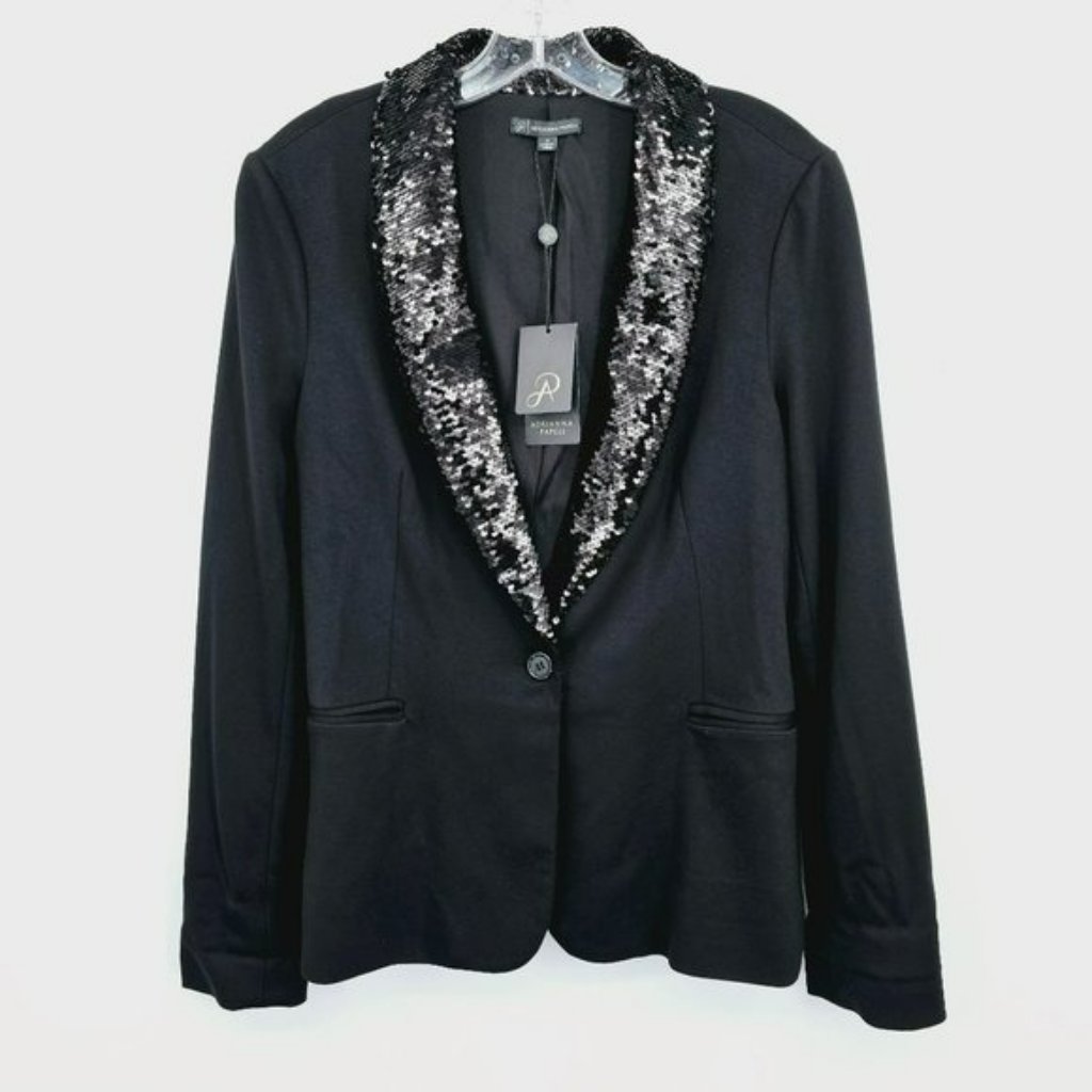 Adrianna Papell Sequin Lapel Ponte Blazer S Dark Black One Button Bling Knit New